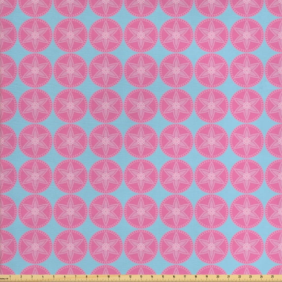 Floral Fabric by the Yard Upholstery, Pattern of Round Symmetric Motifs with Floral Details in Tones, Decorative Fabric for DIY and Home Accents, Pale Sky Blue and Pink by Ambesonne