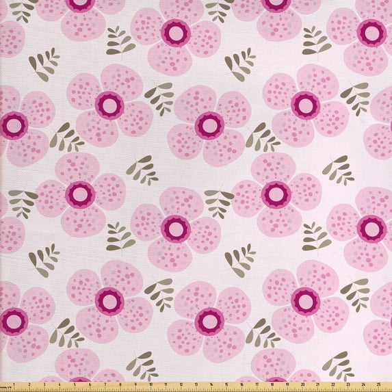 Ambesonne Floral Fabric by the Yard Upholstery, Pink Blossoms Dotted Petals, 10 Yards, Pale Pink Magenta
