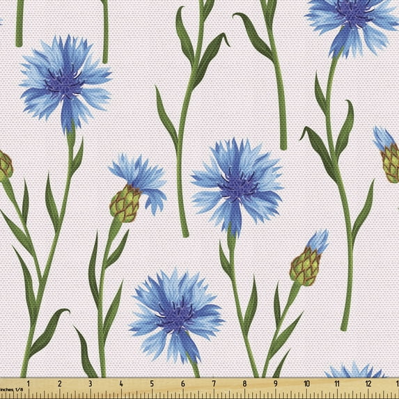 Ambesonne Floral Fabric by the Yard Upholstery, Pattern of Cornflowers Field, 3 Yards, Blue Green
