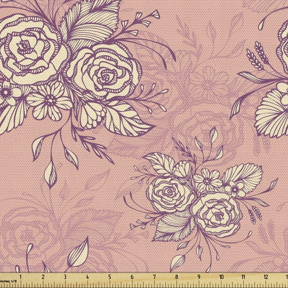 Floral Fabric by the Yard Upholstery, Print of Rose Flower Bouquet Silhouette Repetition Illustration Botany, Decorative Fabric for DIY and Home Accents, Mauve Taupe and Eggshell by Ambesonne