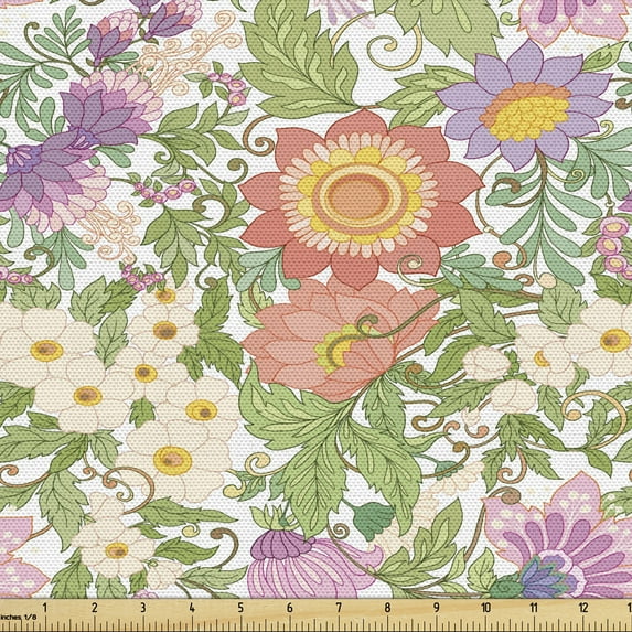 Ambesonne Floral Fabric by the Yard Upholstery, Pointy Petals Flowers Motif, 3 Yards, Multicolor