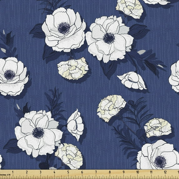 Ambesonne Floral Fabric by the Yard Upholstery, Blooming Clove Flowers Art, 1 Yard, Night Blue Cream