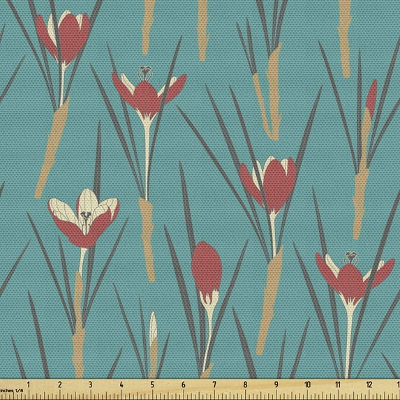Ambesonne Floral Fabric by the Yard Upholstery, Simplistic Crocuses, 5 Yards, Dark Seafoam Multicolor
