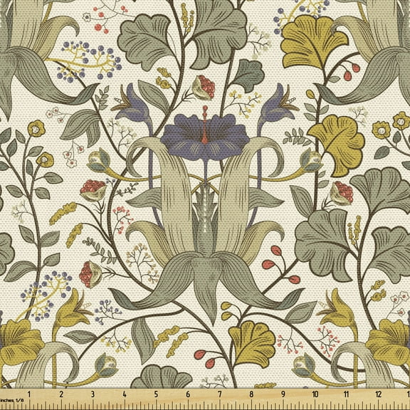 Ambesonne Floral Fabric by the Yard Upholstery, Detailed Sketch Wild Botanic, 1 Yard, Pale Earth Yellow Ecru