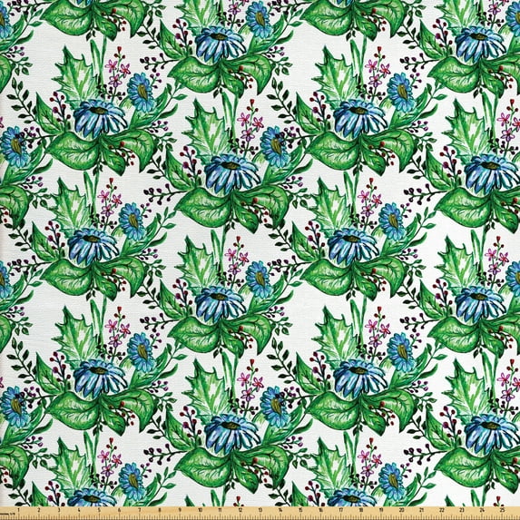Floral Fabric by the Yard Upholstery, Repetitive Pattern of Hand Painted Spring Flowers and Several Leaves, Decorative Fabric for DIY and Home Accents, Green and Multicolor by Ambesonne