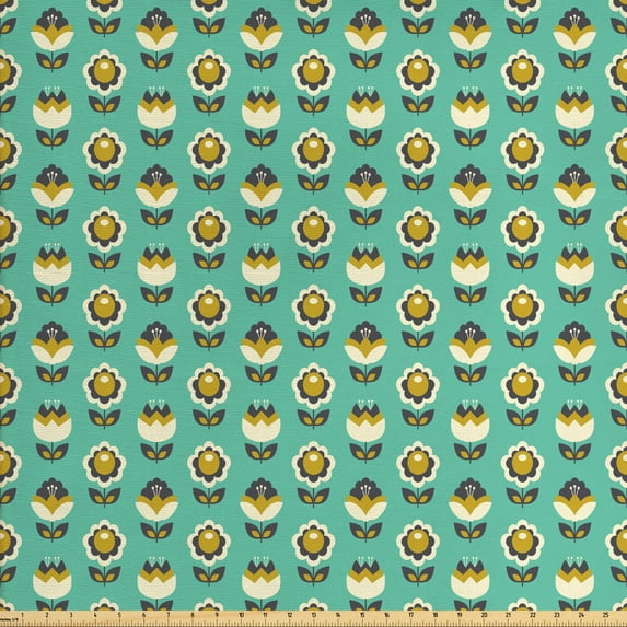 Floral Fabric by the Yard Upholstery, Repetitive Retro Flowers Vintage Tulips Green Tones Print, Decorative Fabric for DIY and Home Accents, Earth Yellow Cream by Ambesonne