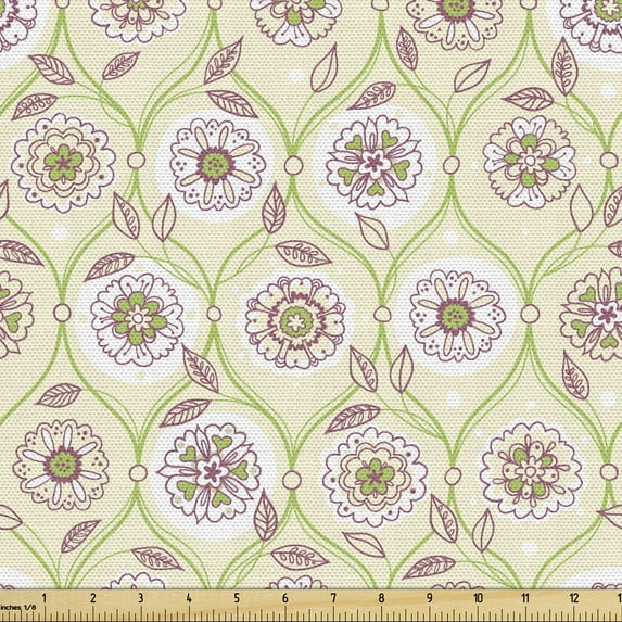 Ambesonne Floral Fabric by the Yard Upholstery, Vintage Flowers Spring Art, 1 Yard, Cream Avocado Green