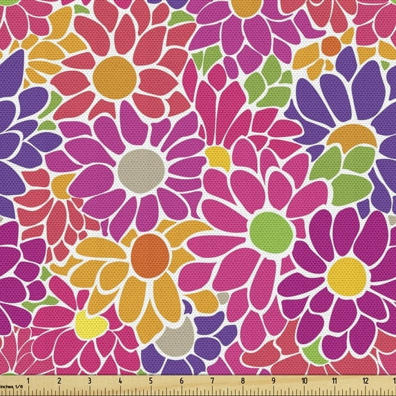 Ambesonne Floral Fabric by the Yard Upholstery, 90's Style Retro Flair Art, 5 Yards, Hot Pink and Multicolor