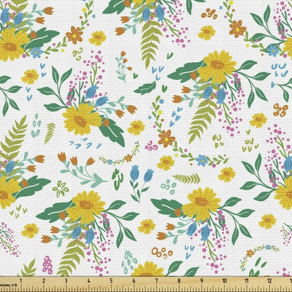 Ambesonne Floral Fabric by the Yard Upholstery, Colorful Flower Yellow Petal, 2 Yards, White Multicolor