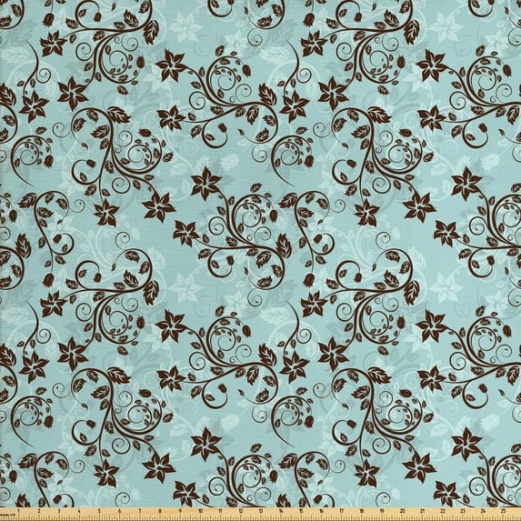 Floral Fabric by the Yard Upholstery, Rhythmic Curvy Poinsettia Flower Art Outlines Print, Decorative Fabric for DIY and Home Accents, Seafoam Dark Rosewood by Ambesonne