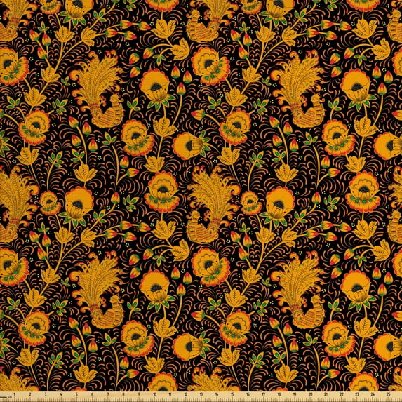 Ambesonne Floral Fabric by the Yard Upholstery, Eastern Style Flower Motif, 3 Yards, Black Orange