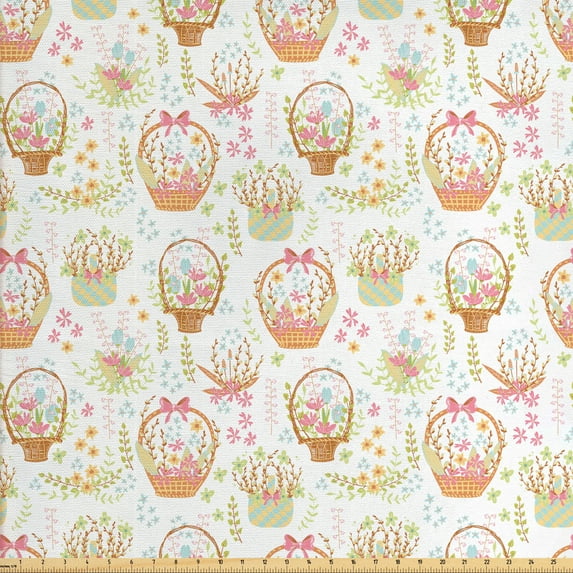 Floral Fabric by the Yard Upholstery, Scene of Flower Baskets and Bouquets in Pastel Tones Spring Time Elements, Decorative Fabric for DIY and Home Accents, Multicolor by Ambesonne