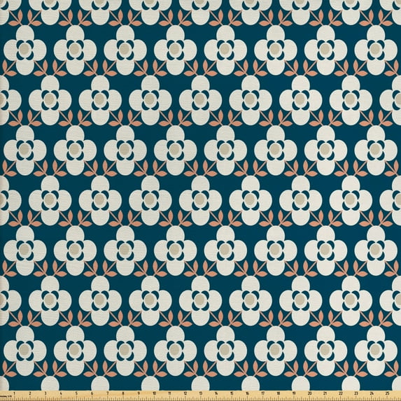 Ambesonne Floral Fabric by the Yard Upholstery, Simple 4 Petal Flowers, 5 Yards, Petrol Blue Eggshell