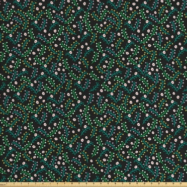 Floral Fabric by the Yard Upholstery, Tiny Petals and Sprouts Growing on Small Stems Tangled Design on Dark Background, Decorative Fabric for DIY and Home Accents, Multicolor by Ambesonne