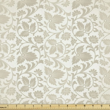 Ambesonne Victorian Fabric by the Yard Upholstery, Retro Swirl Flowers, 2 Yards, Beige White
