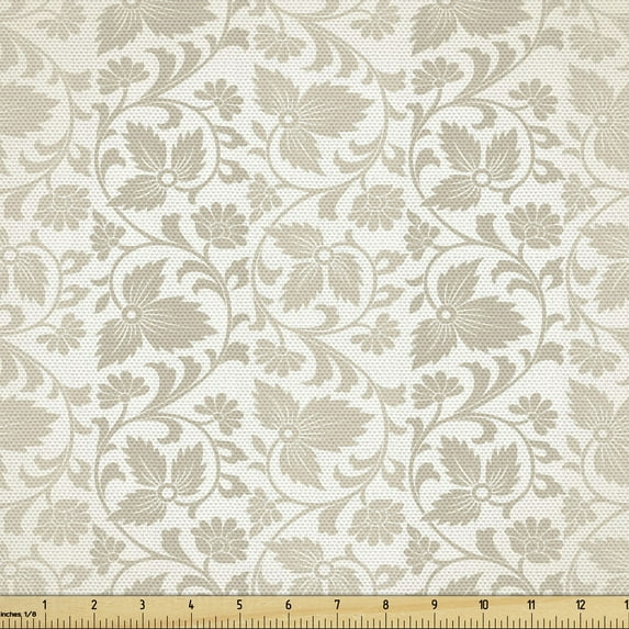 Ambesonne Victorian Fabric by the Yard Upholstery, Retro Swirl Flowers, 3 Yards, Beige White