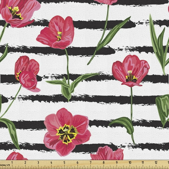 Ambesonne Floral Fabric by the Yard Upholstery, Tulip Flower Charcoal Stripe, 1 Yard, Dark Coral and Olive Green