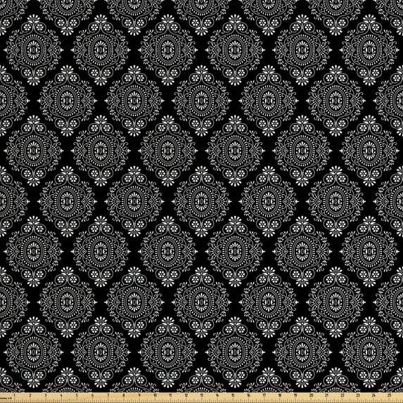 Floral Fabric by the Yard Upholstery, Victorian Pattern with Flourish Damask Ornamental Motif Vintage, Decorative Fabric for DIY and Home Accents, Charcoal Grey and White by Ambesonne