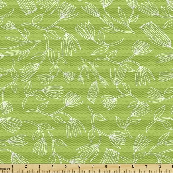 Ambesonne Floral Fabric by the Yard Upholstery, Simplistic Outline Flowers, 1 Yard, Lime Green and White
