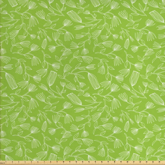 Ambesonne Floral Fabric by the Yard Upholstery, Simplistic Outline Flowers, 10 Yards, Lime Green and White