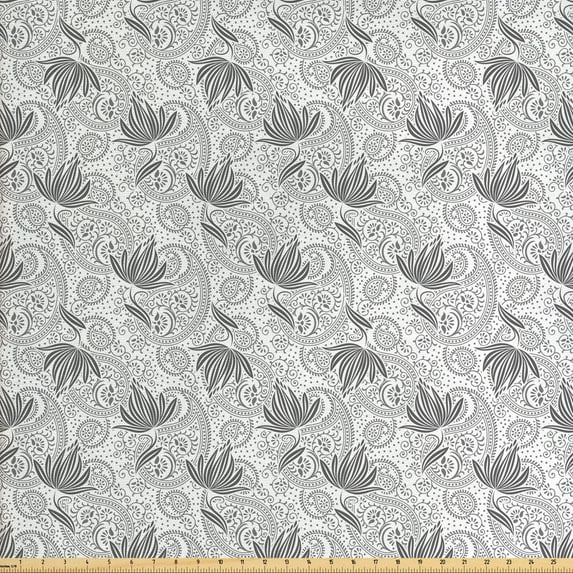 Floral Fabric by the Yard Upholstery, Vintage Paisley in Neutral Tones Jumble Botanical Ornamental Graphic, Decorative Fabric for DIY and Home Accents, Grey and White by Ambesonne