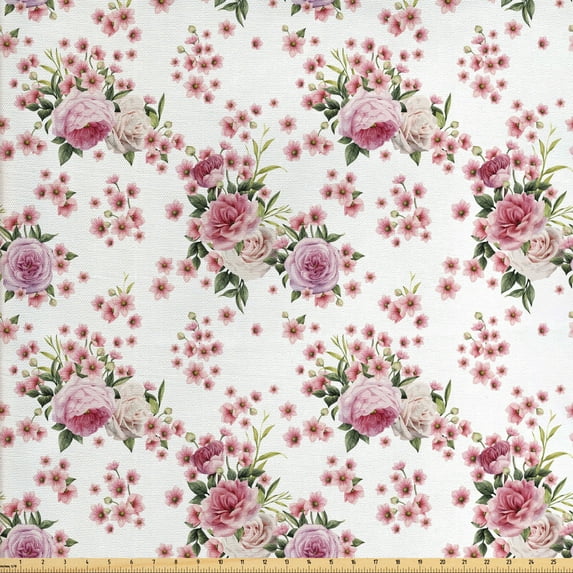 Ambesonne Floral Fabric by the Yard Upholstery, Vintage Flowers Garden Art, 10 Yards, Dried Rose Green