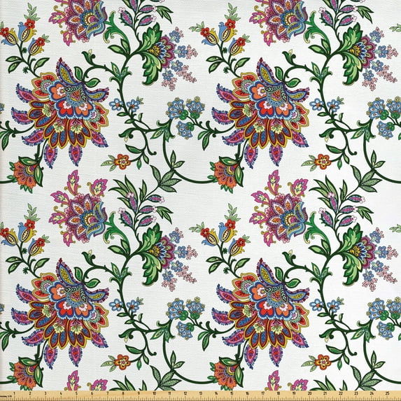 Ambesonne Flower Fabric by the Yard Upholstery, Vintage Floral Ornaments, 5 Yards, Multicolor