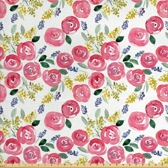 Floral Fabric by the Yard Upholstery, Watercolor Effect Painting of Flowers Fine Art Style Spring Flora, Decorative Fabric for DIY and Home Accents, Multicolor by Ambesonne