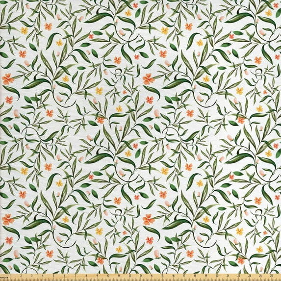 Ambesonne Floral Fabric by the Yard Upholstery, Watercolor Spring Garden, 2 Yards, Orange Yellow and Green