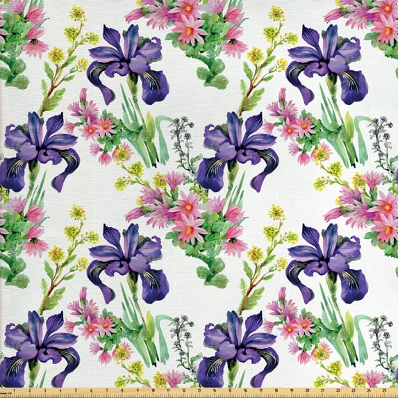 Floral Fabric by the Yard Upholstery, Watercolor Style Summer Garden Blooming Purple Orchids and Pinky Chrysanthemums, Decorative Fabric for DIY and Home Accents, Multicolor by Ambesonne