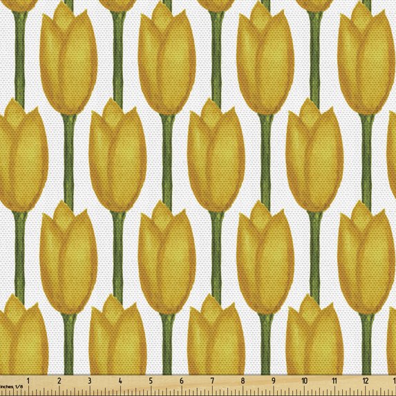 Ambesonne Floral Fabric by the Yard Upholstery, Watercolor Effect Tulips, 1 Yard, Earth Yellow White