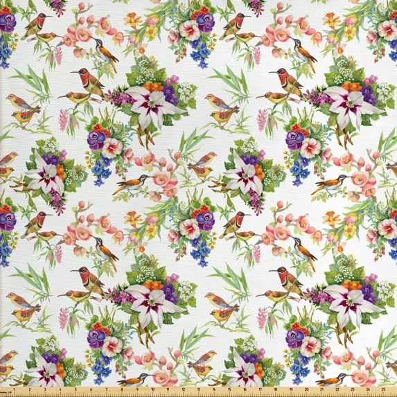 Ambesonne Floral Fabric by the Yard Upholstery, Exotic Spring Flowers, 5 Yards, Multicolor