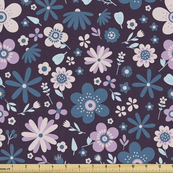 Floral Fabric by the Yard, Various Colorful Flowers Print in Violet Tones Vintage Style Art, Decorative Upholstery Fabric for Sofas and Home Accents, Sea Blue Lilac by Ambesonne
