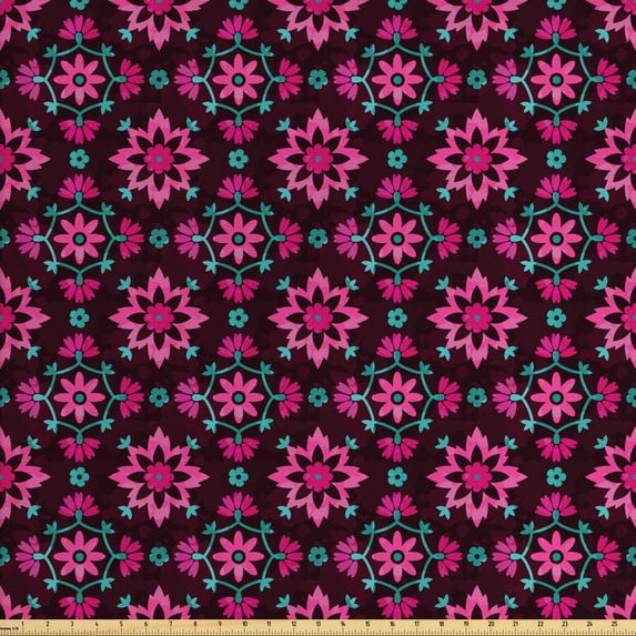 Ambesonne Floral Fabric by the Yard Upholstery, Boho Botany Foliage, 3 Yards, Burgundy Magenta Teal