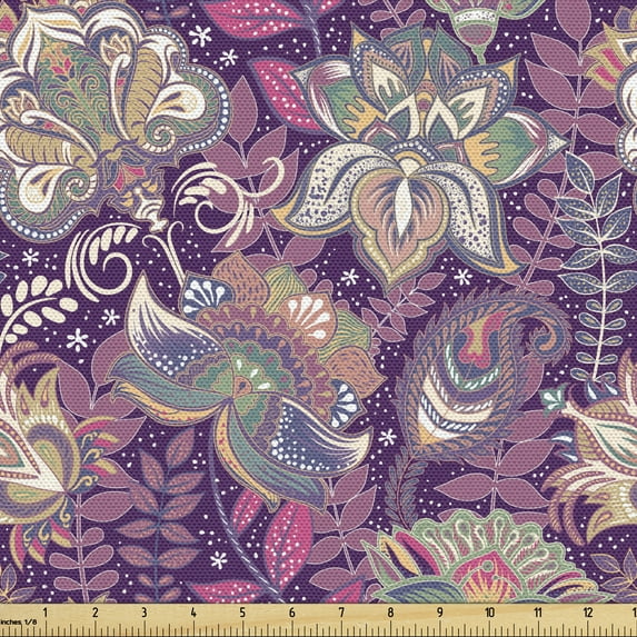 Ambesonne Floral Fabric by the Yard Upholstery, Flowers and Mandala Art, 1 Yard, Mauve Green