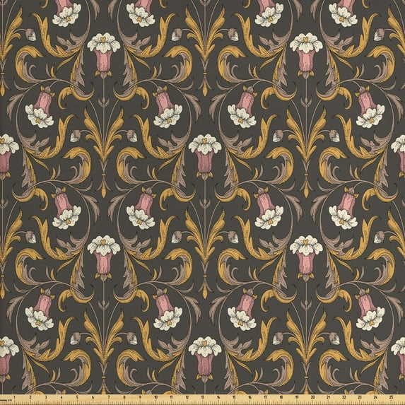 Ambesonne Floral Fabric by the Yard Upholstery, Victorian Style Bell Flowers, 5 Yards, Multicolor
