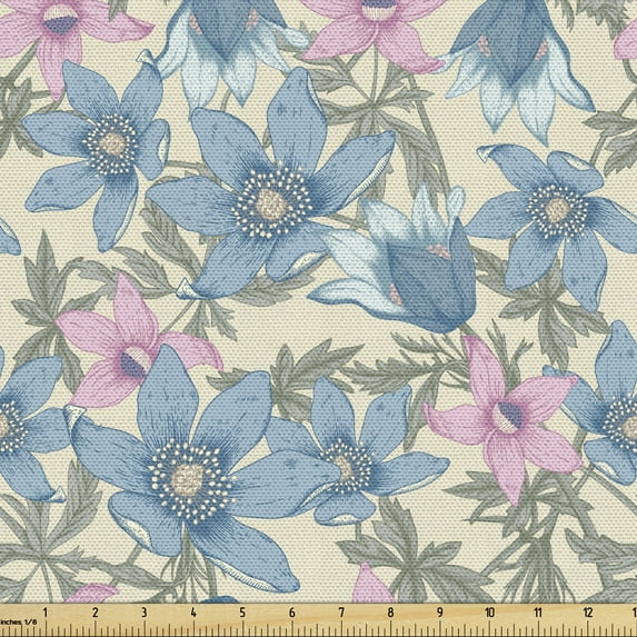 Floral Fabric by the Yard, Victorian Themed Flowers and Leaves in Pastel Colors, Decorative Upholstery Fabric for Sofas and Home Accents, Blush Blue Grey by Ambesonne