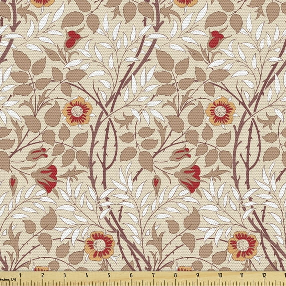 Floral Fabric by the Yard, Vintage Botanical Plantation Flowers and Branches, Decorative Upholstery Fabric for Chairs & Home Accents, Warm Taupe Paprika by Ambesonne