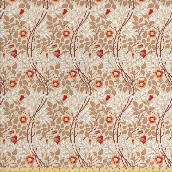 Ambesonne Floral Fabric by the Yard Upholstery, Botany Items and Branches, 5 Yards, Warm Taupe Paprika