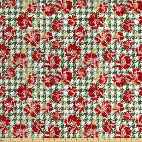 Ambesonne Floral Fabric by the Yard Upholstery, Scottish Houndstooth, 5 Yards, Hunter Green Ruby