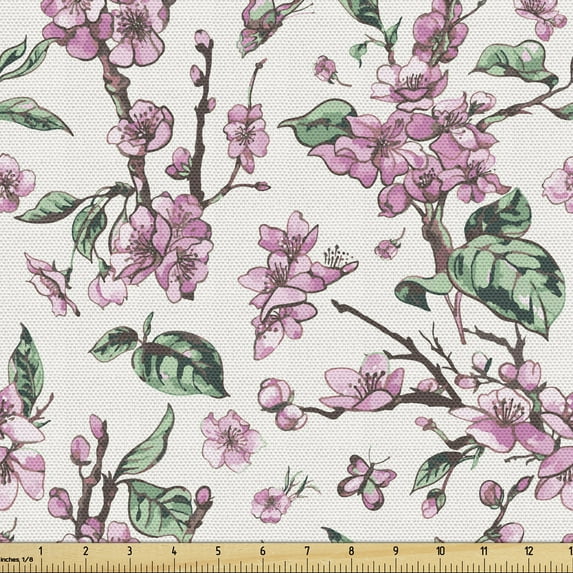Ambesonne Floral Fabric by the Yard Upholstery, Vintage Blossoms Butterflies, 3 Yards, Ivory Pale Pink Green
