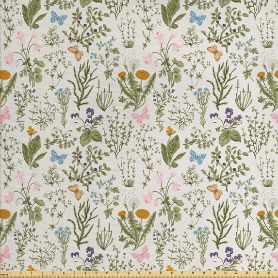 Ambesonne Floral Fabric by the Yard Upholstery, Vintage Garden Plants, 2 Yards, Reseda Green Beige