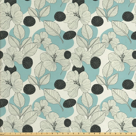 Ambesonne Floral Fabric by the Yard Upholstery, Vintage Flowers Sketch Art, 2 Yards, Ivory Dark Forest Green