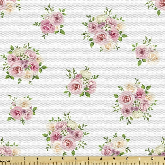 Ambesonne Floral Fabric by the Yard Upholstery, Wedding Theme Bride Bouquets, 10 Yards, Green and Pastel Pink
