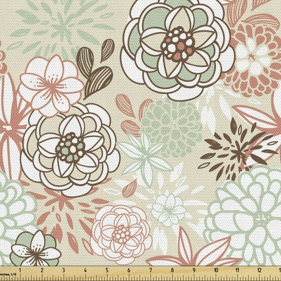 Ambesonne Floral Fabric by the Yard Upholstery, Romantic Wildflowers, 1 Yard, Pale Green Brown Peach