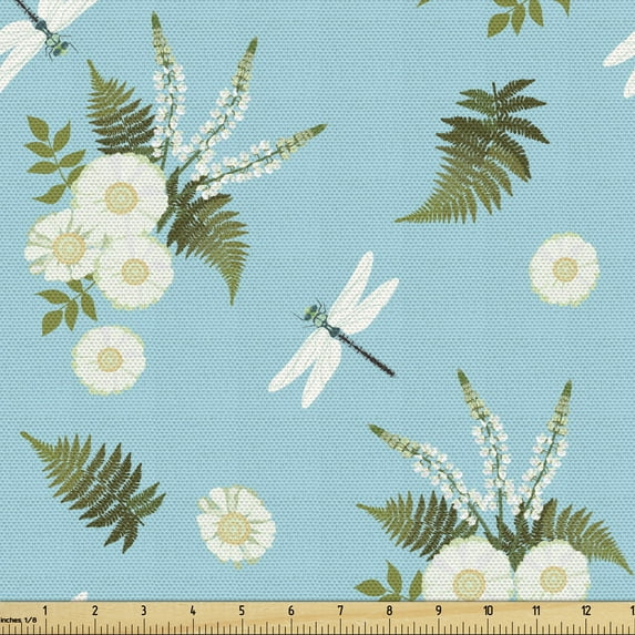 Ambesonne Floral Fabric by the Yard Upholstery, Vintage Daisies Dragonflies, 1 Yard, White Green and Blue