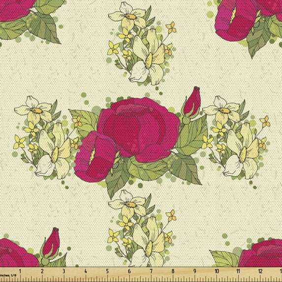 Ambesonne Floral Fabric by the Yard Upholstery, Vintage Grunge Roses Bouquet, 3 Yards, Cream and Magenta
