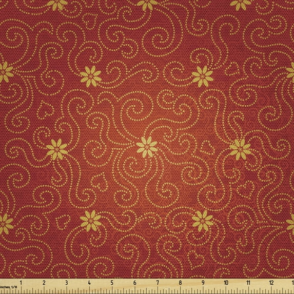 Ambesonne Floral Fabric by the Yard Upholstery, Blossoms with Dotted Lines, 5 Yards, Paprika Mustard