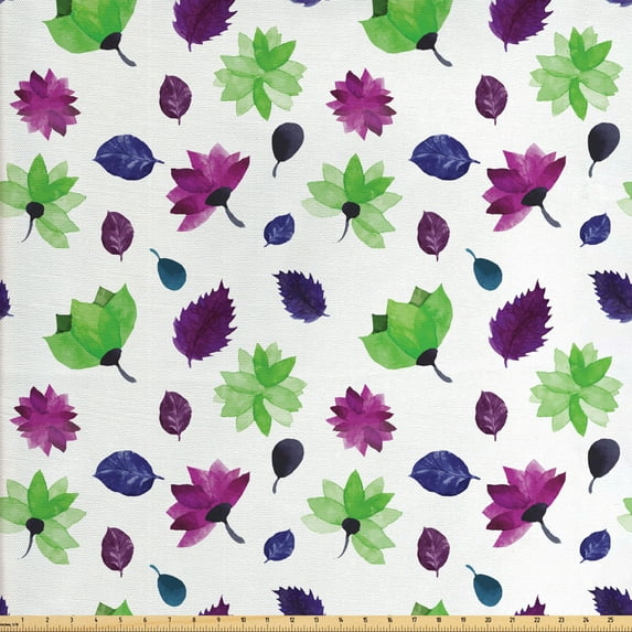 Floral Fabric by the Yard, Watercolor Painting Effect Withering Plucked Petals and Leaves on White Background, Decorative Upholstery Fabric for Sofas and Home Accents, Multicolor by Ambesonne