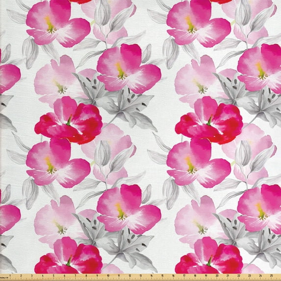 Ambesonne Floral Fabric by the Yard Upholstery, Watercolor Poppy Romance, 5 Yards, Magenta Pink Grey